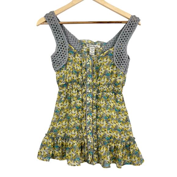 Y2K American Rag Full Button Babydoll Sleeveless Crochet Ruffled Floral Top XS - Picture 1 of 11